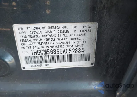 2005 Honda Accord 2.4 Ex z USA, uszkodzony, nr VIN 1HGCM56855A052884